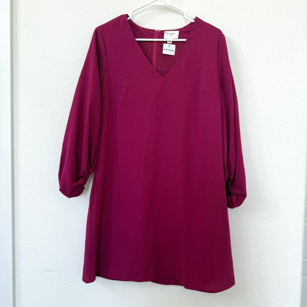 EVERLY Apricot Lane Mini Dress Magenta Puff Sleeve V Neck Shift Women M NWT‎